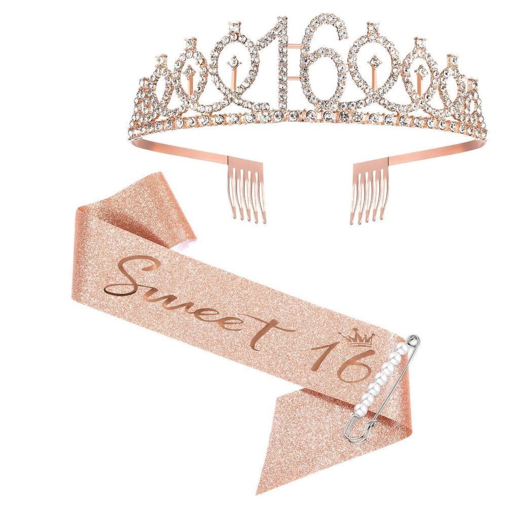 9725 16th Birthday Sash Crown and Tiara for Girls, Sweet Sixteen Happy